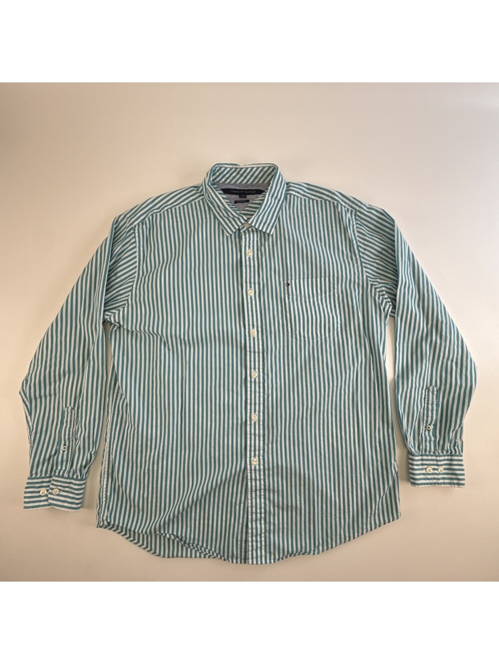Tommy Hilfiger Mens XL Aqua And White Striped Button Down Long Sleeve
